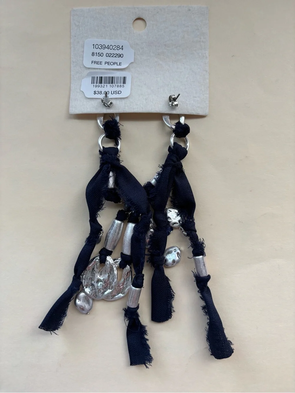Free People Bohemian Navy Fabric & Silver Charm Drop Earrings, NWT - Picture 3 of 3